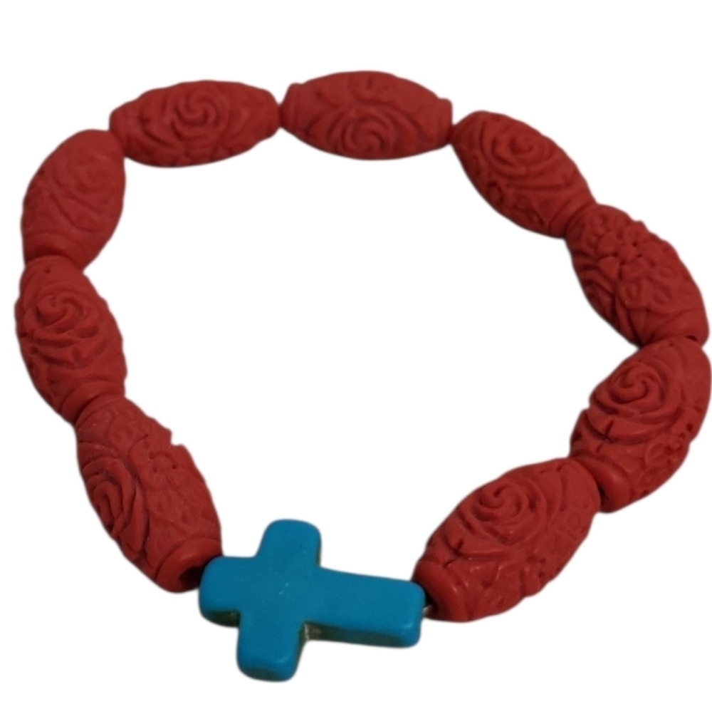 Carved Cinnabar Barrel Beads & Turquoise Cross Stretch Bracelet